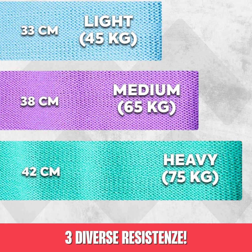 | Booty Bands | Glute Bands | Set Da 3 Pezzi | 45/65/75 Kg | Tessuto Comodo | Borsa Inclusa | Tiel/Viola/Blu